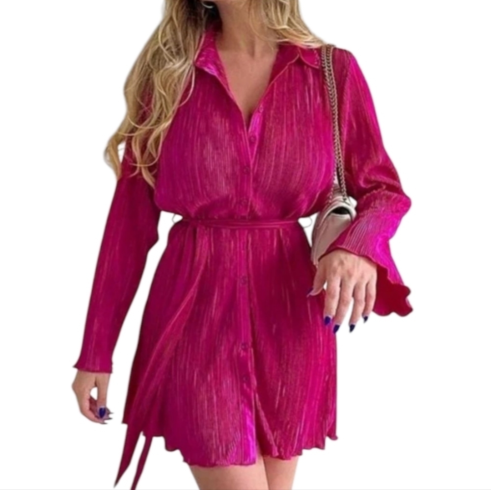 Long Sleeve Pleated Button front Tie Belted Pink Mini Shirt Dress
